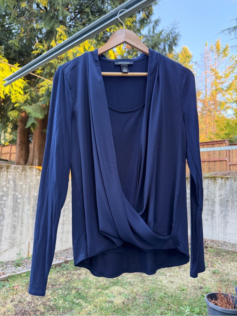 White House Black Market Navy Blue Draped Wrap Long-Sleeve Top